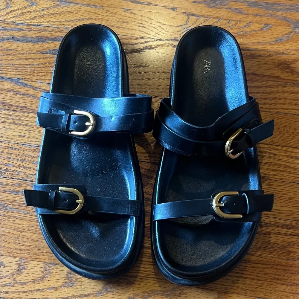 Zara Black Slide Sandals with Gold Buckles - Double Strap - Picture 2 of 6